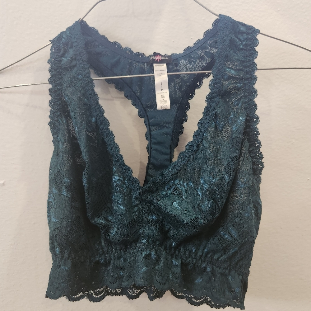 greenish blue lace bralette